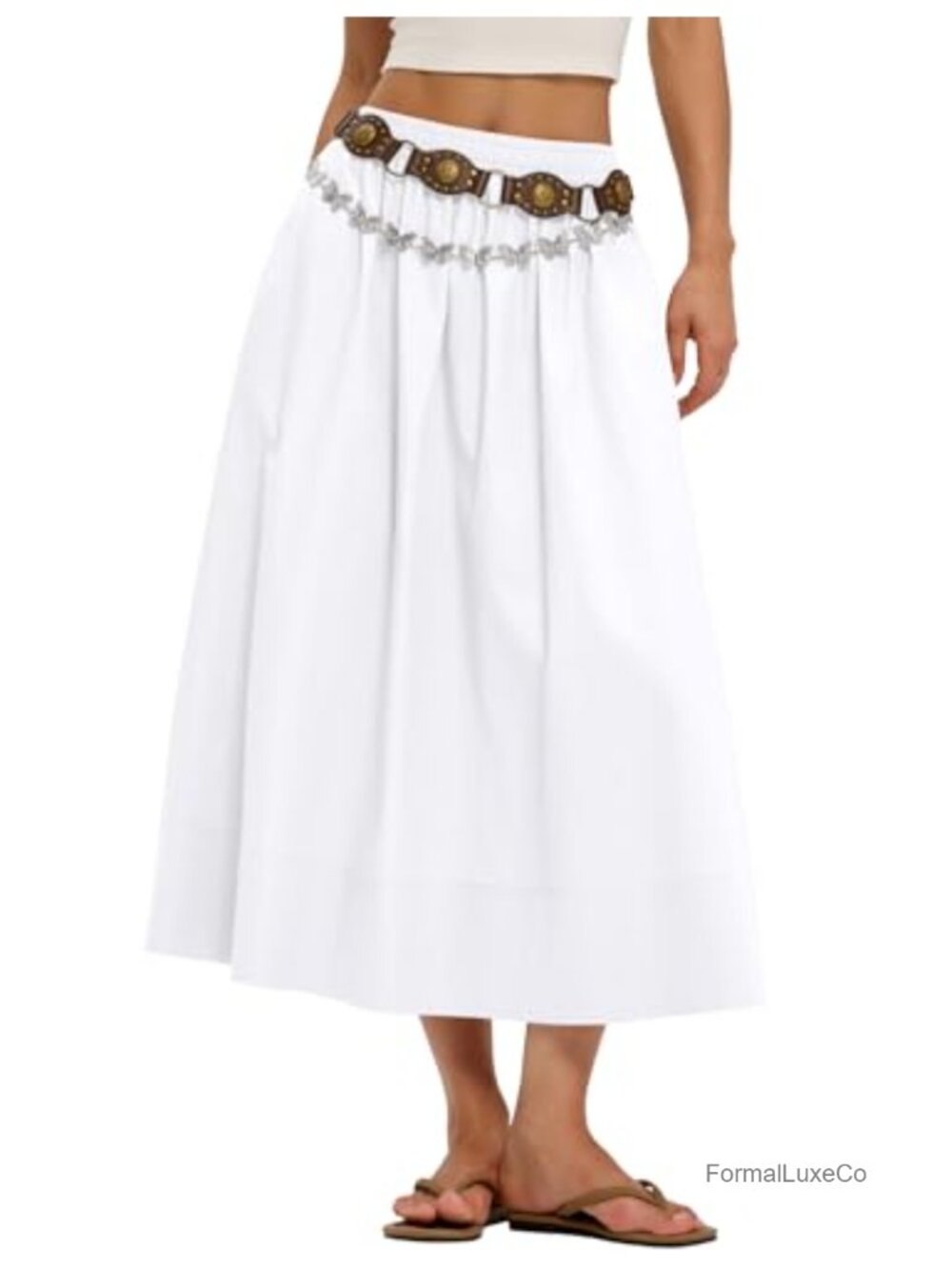 Midi Skirt with Pockets A-Line Cotton Flowy Elastic Waist Summer Casual